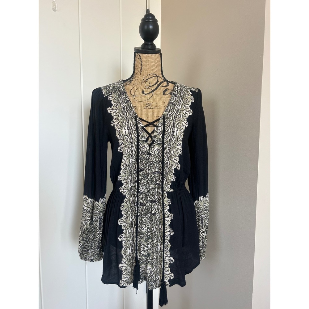 Free People Wildest Moment Lace Up Boho Whimsigoth Black & Cream Tunic Size S